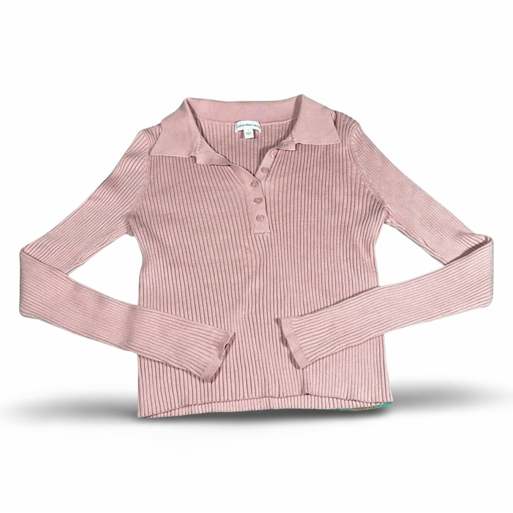 CALVIN KLIEN jeans ribbed pink collard top